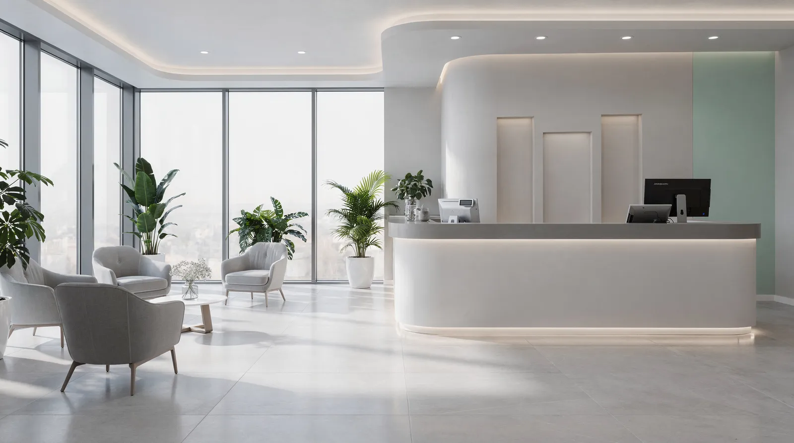 An empty clinic reception in morning light