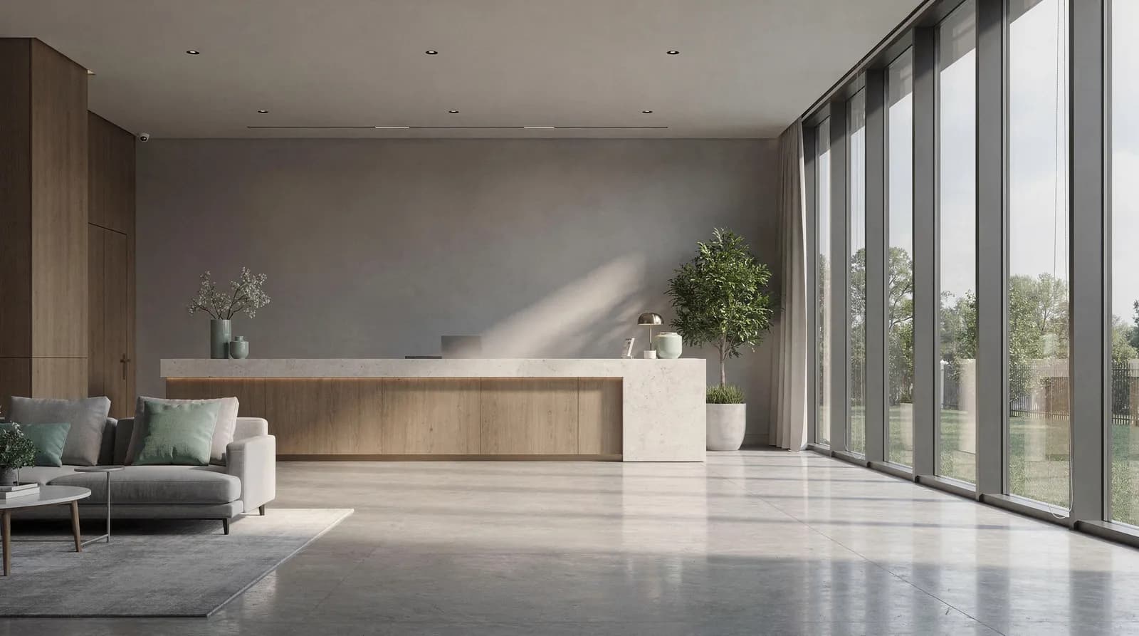 A boutique hotel lobby with a reception desk