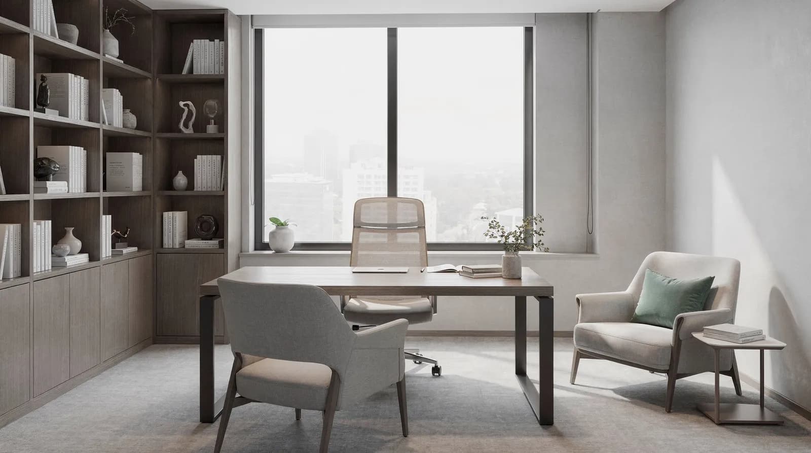 A quiet private practice office with a desk and shelves