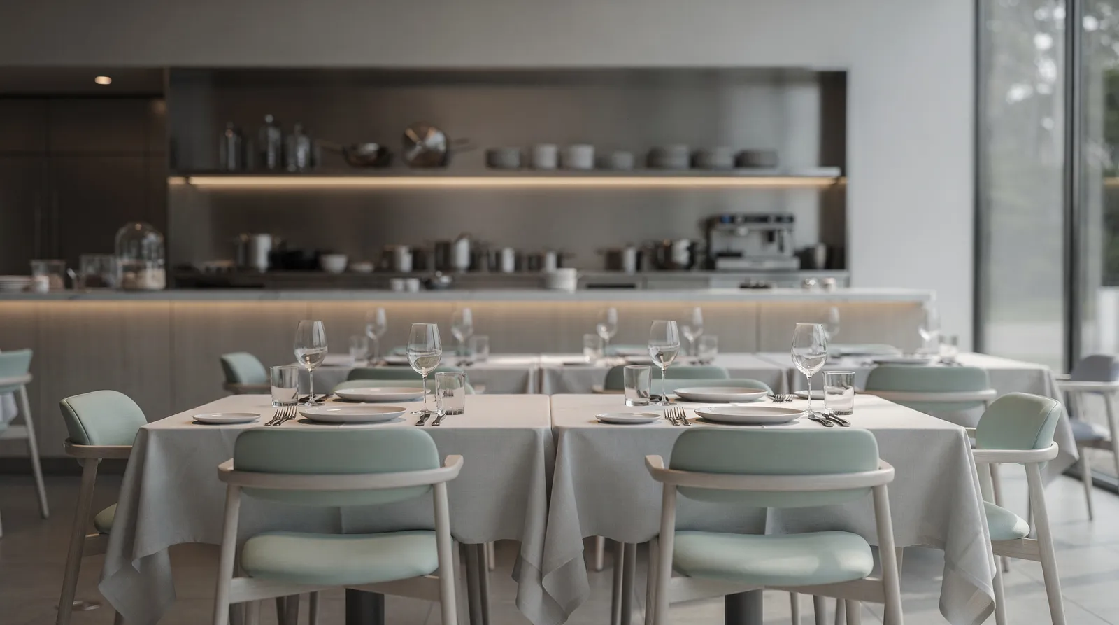 A modern restaurant dining room set for service